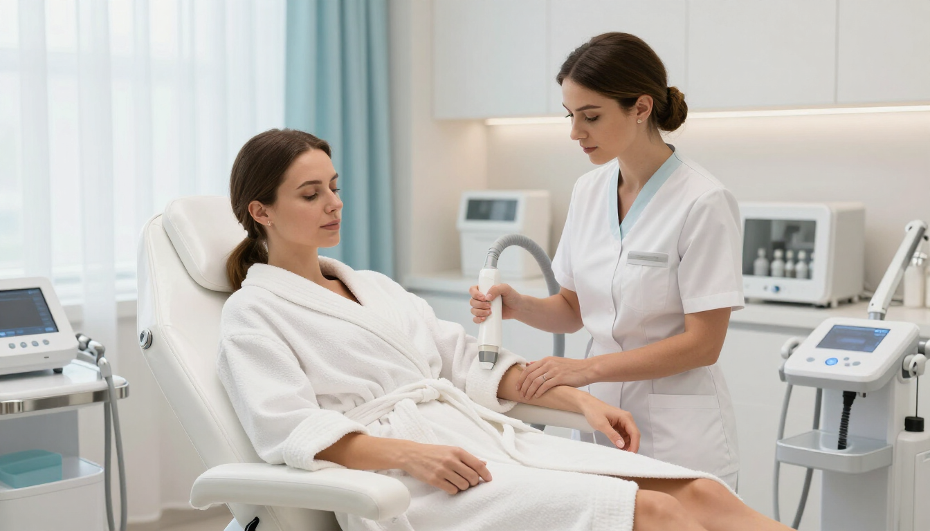 Un médico realiza un tratamiento facial cosmético a una paciente recostada en una luminosa sala de consulta.