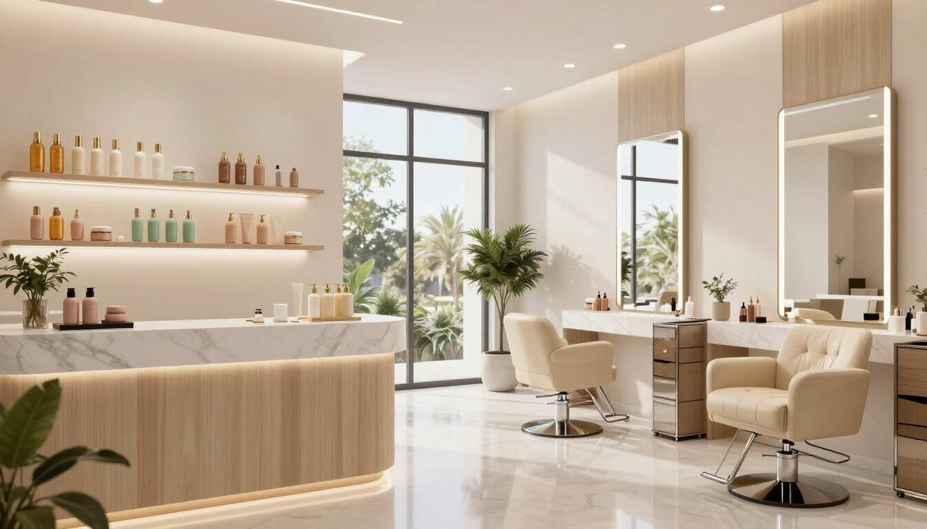 Salón de spa moderno y luminoso con sillas beige, espejos, iluminación tenue y plantas en macetas.