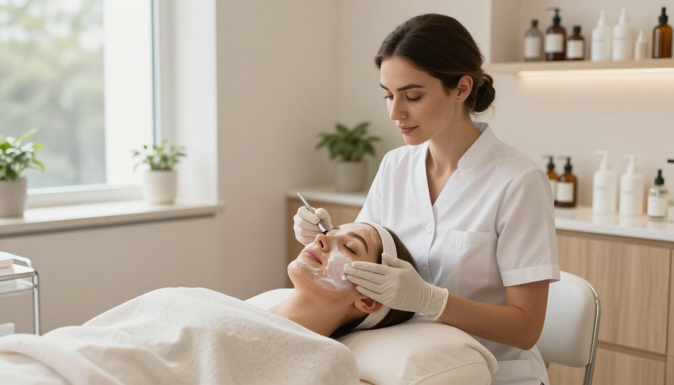 Esteticista aplicando un tratamiento a una clienta tumbada en una camilla de spa en una luminosa clínica.