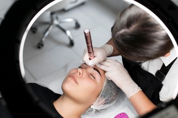 Sala de tratamientos de spa con una esteticista aplicando productos para el cuidado de la piel a una clienta.