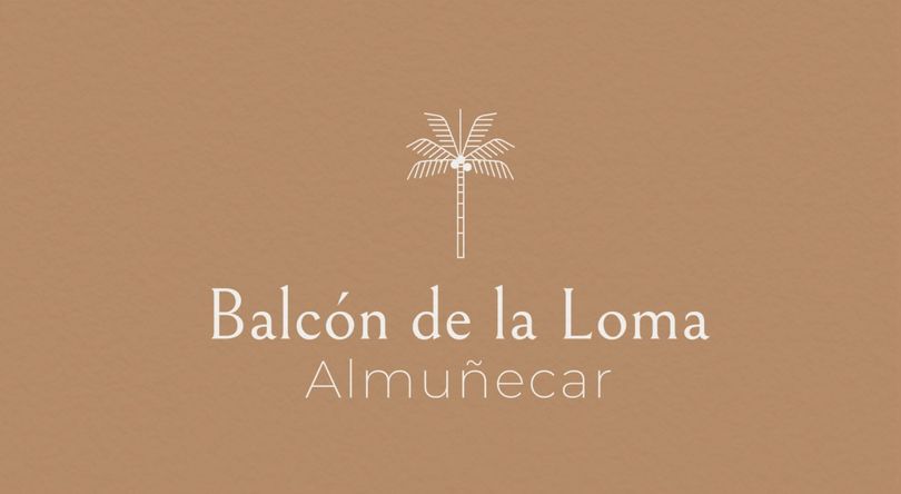 Logo for Balcón de la Loma in Almuñécar. White text and palm tree on a brown background.