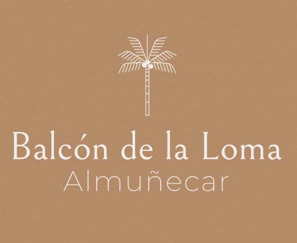 Logo for Balcón de la Loma in Almuñécar, with a white palm tree icon above text on a tan background.
