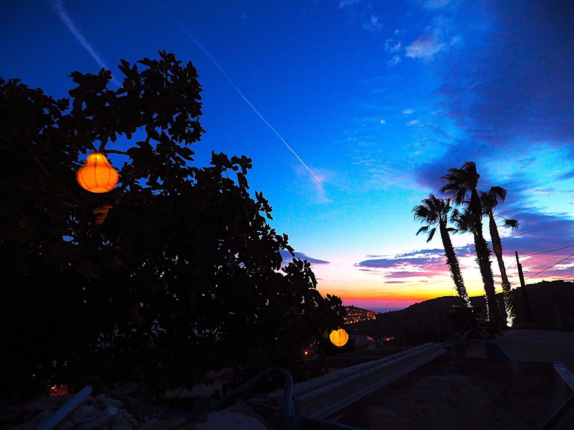 Sunset over palm trees and landscape, with dark tree and hanging lanterns in the foreground, against a vibrant blue and orange sky.