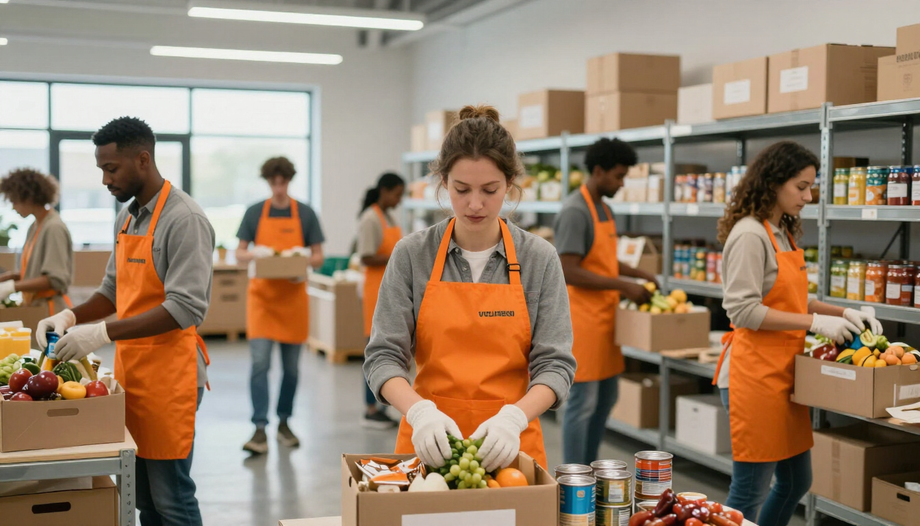 Volunteers sorting food donations at a food bank