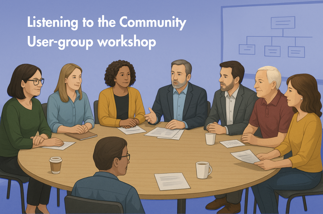 Illustraction of a user-group workshop: diverse people around a table, discussing papers, blue background, a sign says 