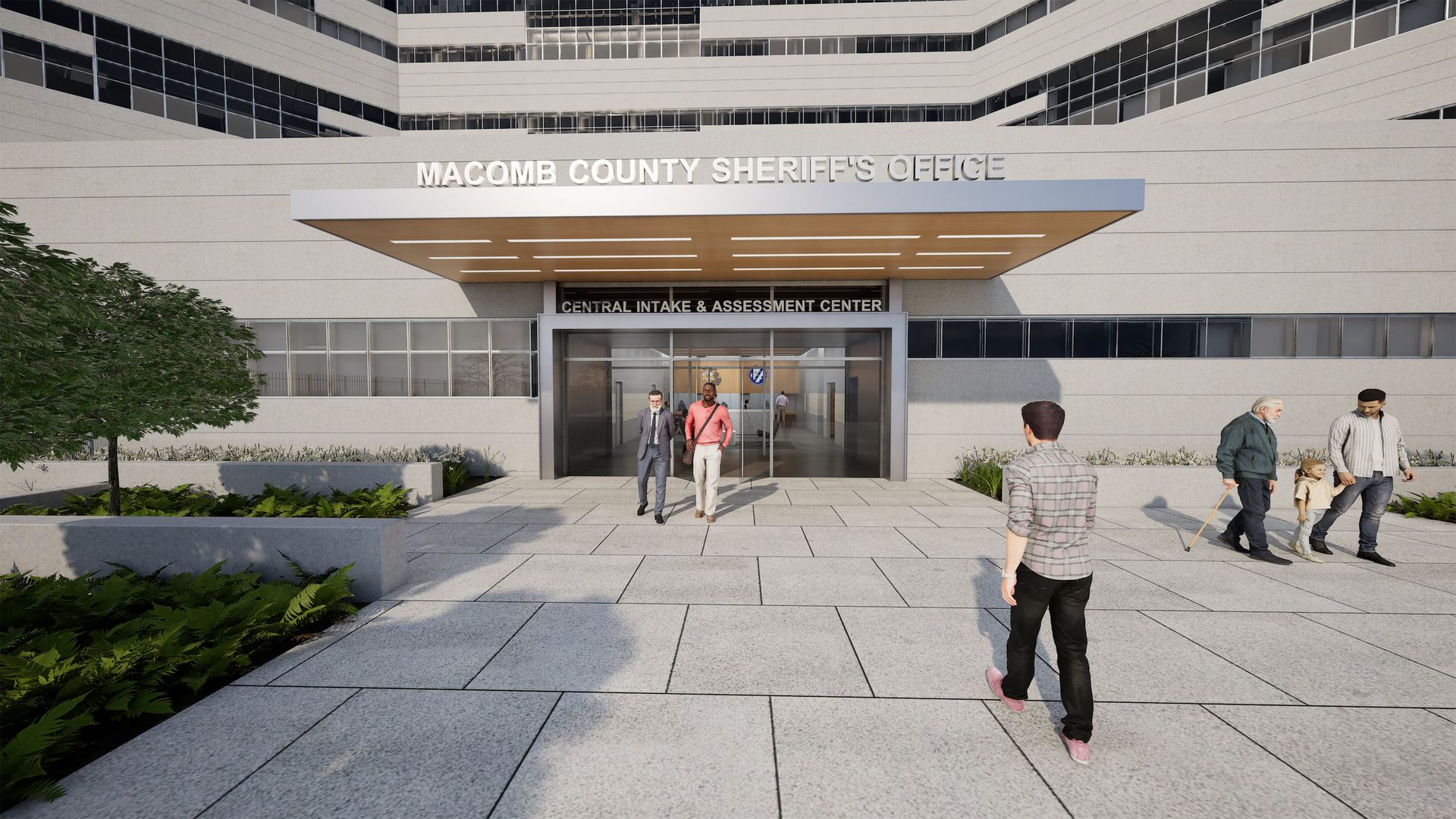 Entrance of the Tarrant County Justice Center with people walking; modern architecture, gray and white.