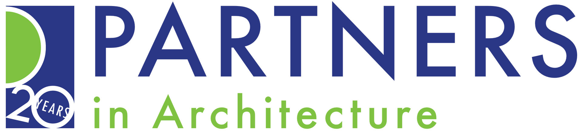 Logo for Partners in Architecture. Blue text, with a green circle and