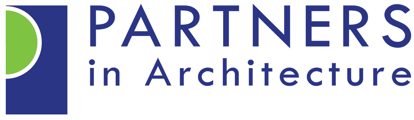 Logo for Partners in Architecture: Blue square with green and white circle and text.