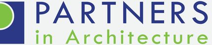 Logo for Partners in Architecture. Blue text, with a green circle and