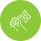 Hand holding flag with star, inside a green circle.