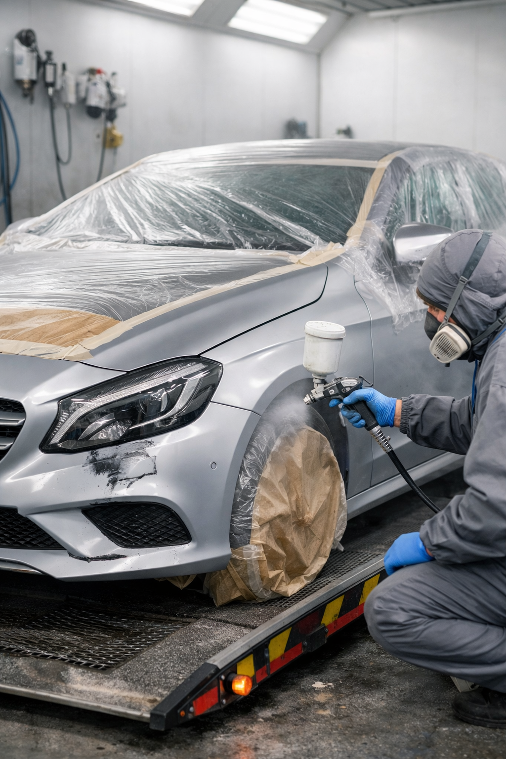 Person using dent repair tool on white car's panel, aiming for a dent near a tail light.