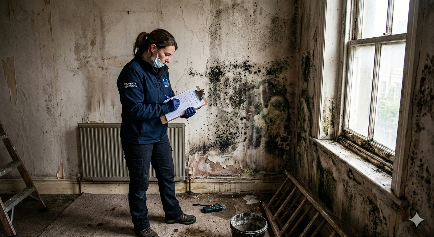 A person in work gear inspects a room with extensive black mold growth on the walls and window frame.