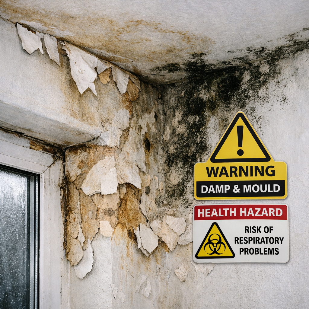 A wall with peeling paint, water damage, and black mold, featuring yellow and red warning signs about health hazards.