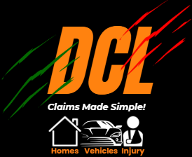 Logo for DCL: "Claims Made Simple!" with icons for homes, vehicles, and injury claims against a black background.