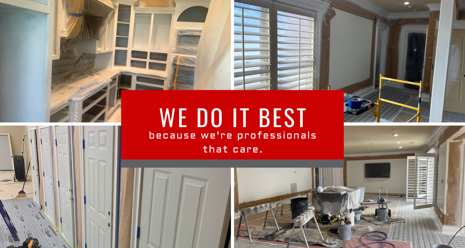 Collage of home renovation projects, including kitchen cabinetry, interior walls, and doors, with text: