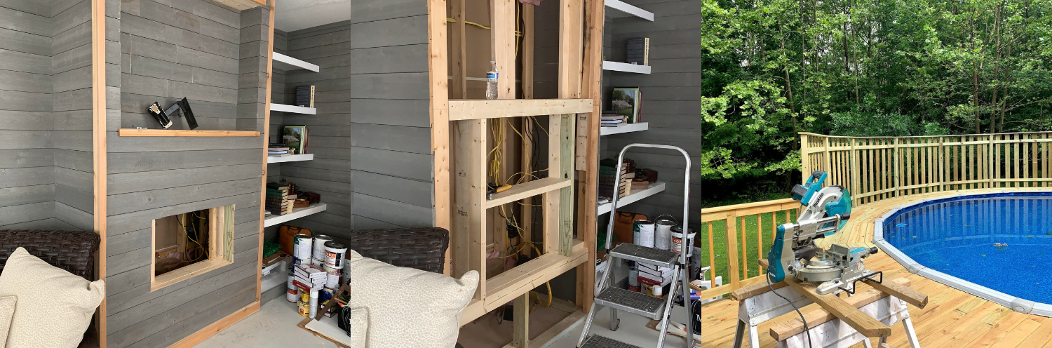 An indoor construction area with grey walls and shelving next to an outdoor pool on a wooden deck with a miter saw.