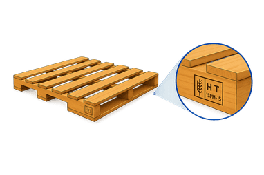 Wooden pallet with close-up of an HT heat-treated stamp on the side