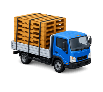 Blue flatbed truck loaded with stacked wooden pallets