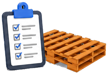 Checklist clipboard beside stacked wooden pallets