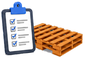 Checklist clipboard beside stacked wooden pallets