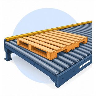 Wooden pallet on a blue roller conveyor with a yellow guide rail