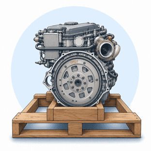 Compact engine mounted on a wooden pallet against a light blue background