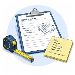 Clipboard with pallet space sheet, tape measure, and yellow sticky note on white background