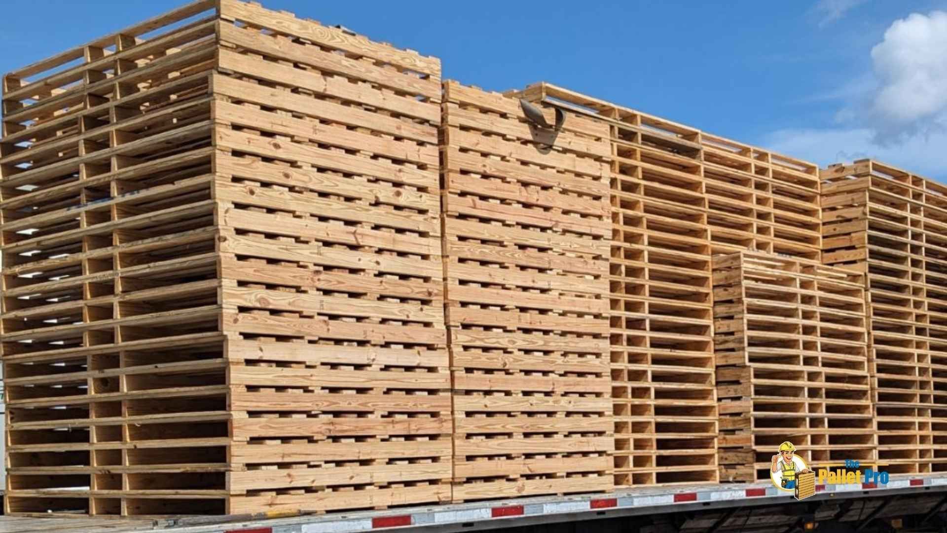 A large stack of wooden pallets sitting on top of a semi truck.