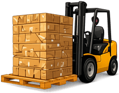 Yellow forklift carrying stacked cardboard boxes on a wooden pallet