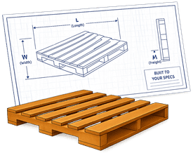 Wooden pallet shown in orange 3D with blue technical sketch and dimensions above it