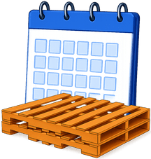 Blue calendar behind stacked wooden pallets with a small yellow hand truck icon