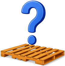 Blue question mark above a wooden pallet, symbolizing a shipping or packaging question