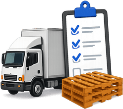 Delivery truck beside checklist clipboard and wooden pallets