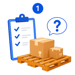 Clipboard checklist with boxes on a pallet and a question bubble, blue step 1 icon above