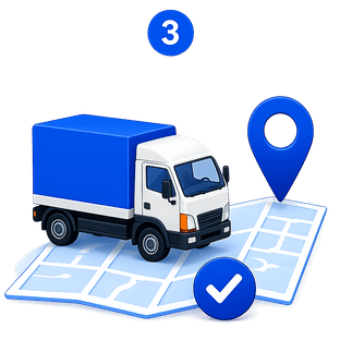 Blue delivery truck on a map with location pin and checkmark icon, with a “3” badge above