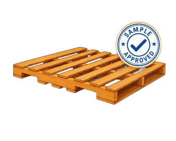 Wooden pallet with blue “Sample Approved” checkmark seal
