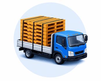 Blue delivery truck carrying stacked wooden pallets