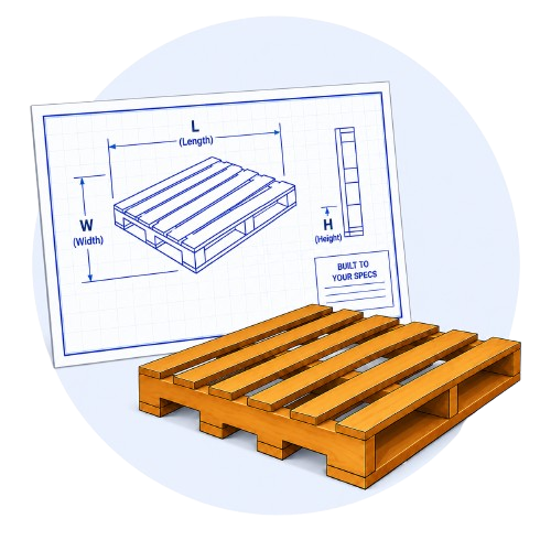Wooden pallet in front of a pallet dimension diagram with L, W, and H measurements.