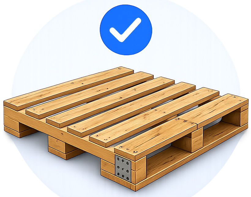 Wooden shipping pallet with a blue checkmark icon above it