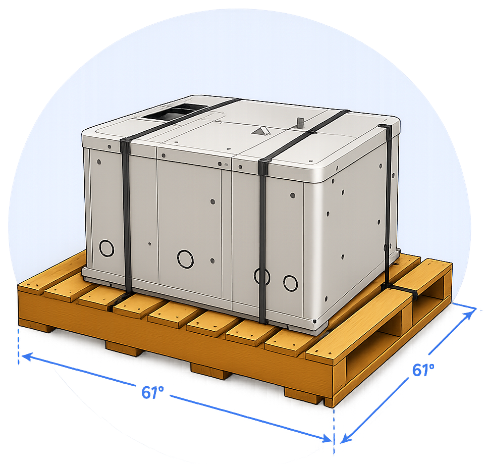 Large gray industrial crate strapped to a wooden pallet, shown with 61-inch by 61-inch dimensions.