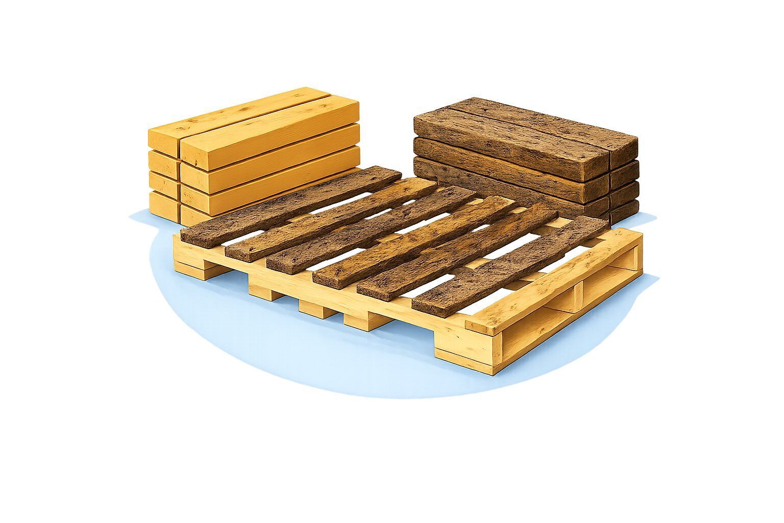 Three wooden pallets stacked on a white background, including one natural wood pallet and two brown stacked pallets