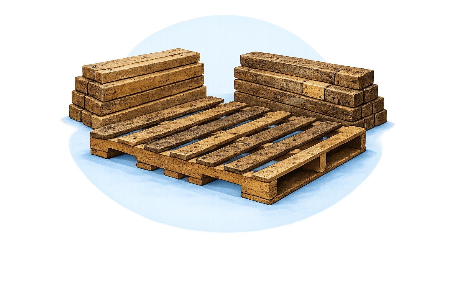Wooden pallet bed frame made from stacked shipping pallets on a white background