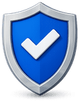 Blue shield with a white checkmark, symbolizing security or verification