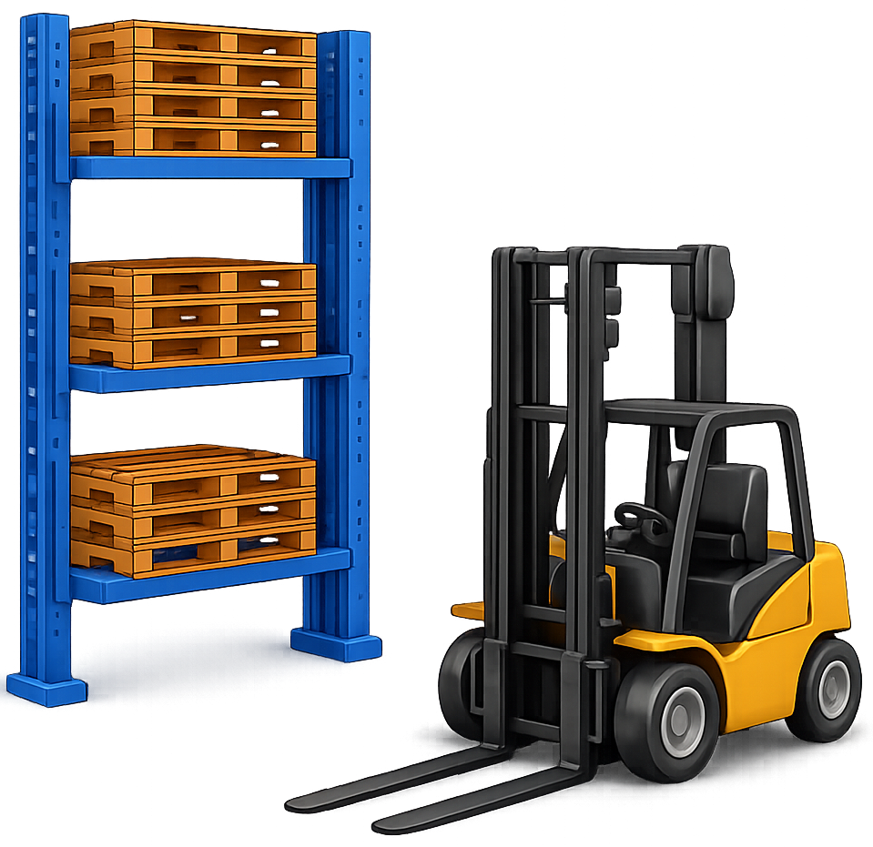 Yellow forklift beside blue warehouse shelving stocked with wooden pallets