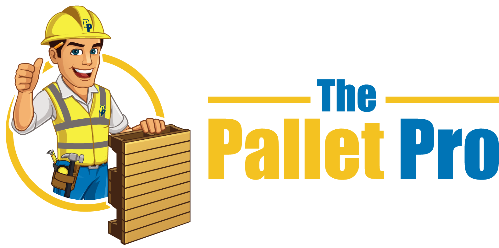 A man in a hard hat is holding a wooden pallet and giving a thumbs up.