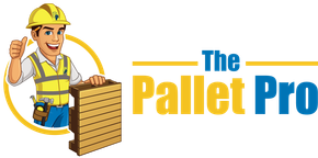 Logo with a smiling worker in a hard hat beside stacked pallets and the text “The Pallet Pro”