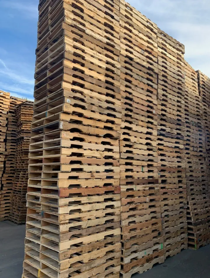 Stacks of wooden pallets piled high outdoors in a warehouse yard under a blue sky