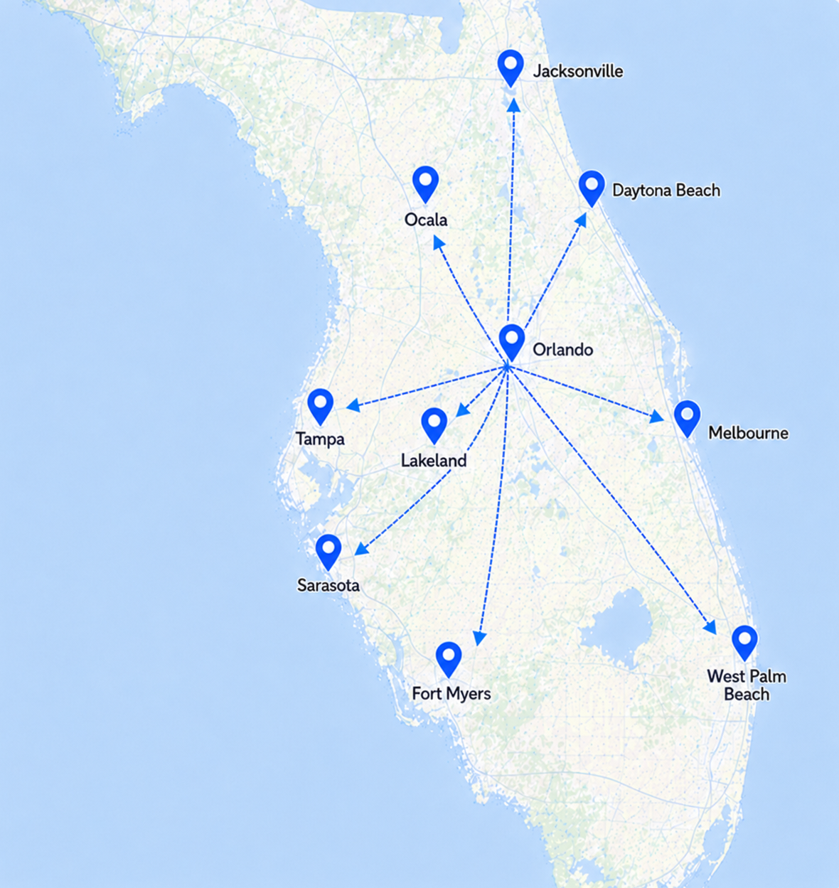 Map of Australia with blue location pins and dashed routes connecting cities like Darwin, Adelaide, Perth, and Brisbane