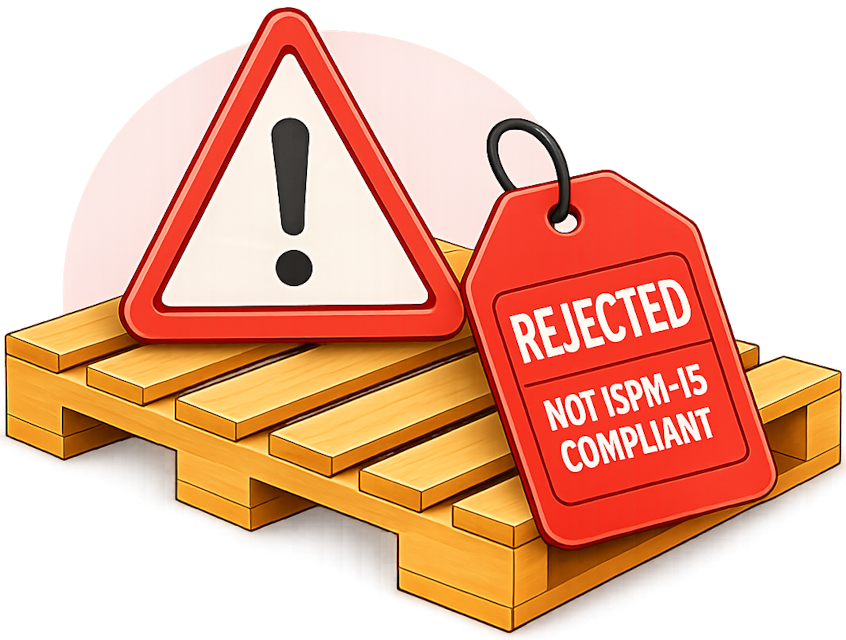 Warning triangle and red tag on wooden pallets, labeled 