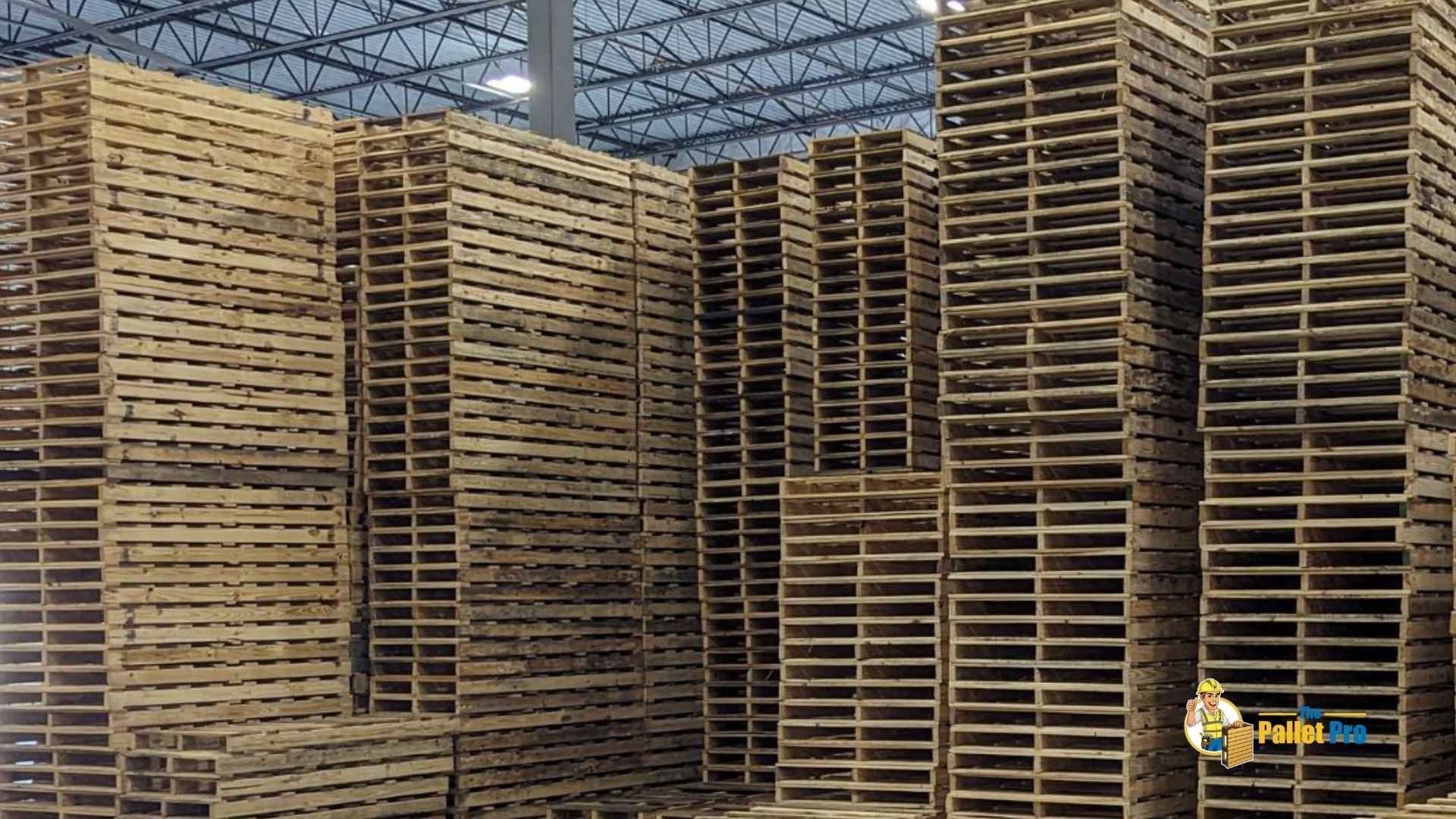 A warehouse filled with lots of wooden pallets stacked on top of each other.